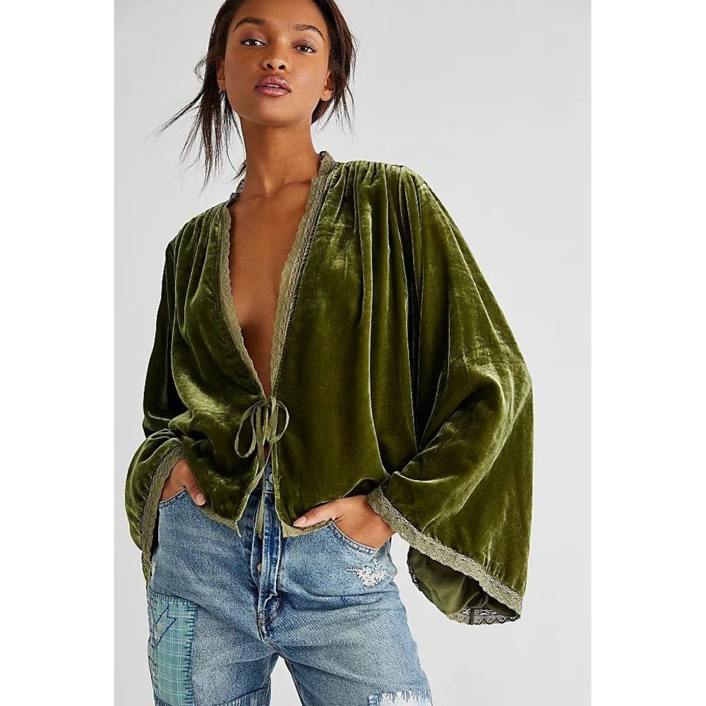 Free People Bed Velvet Jacket Small Medium Oversized Lace Trim Slouchy Front Tie - Picture 2 of 15